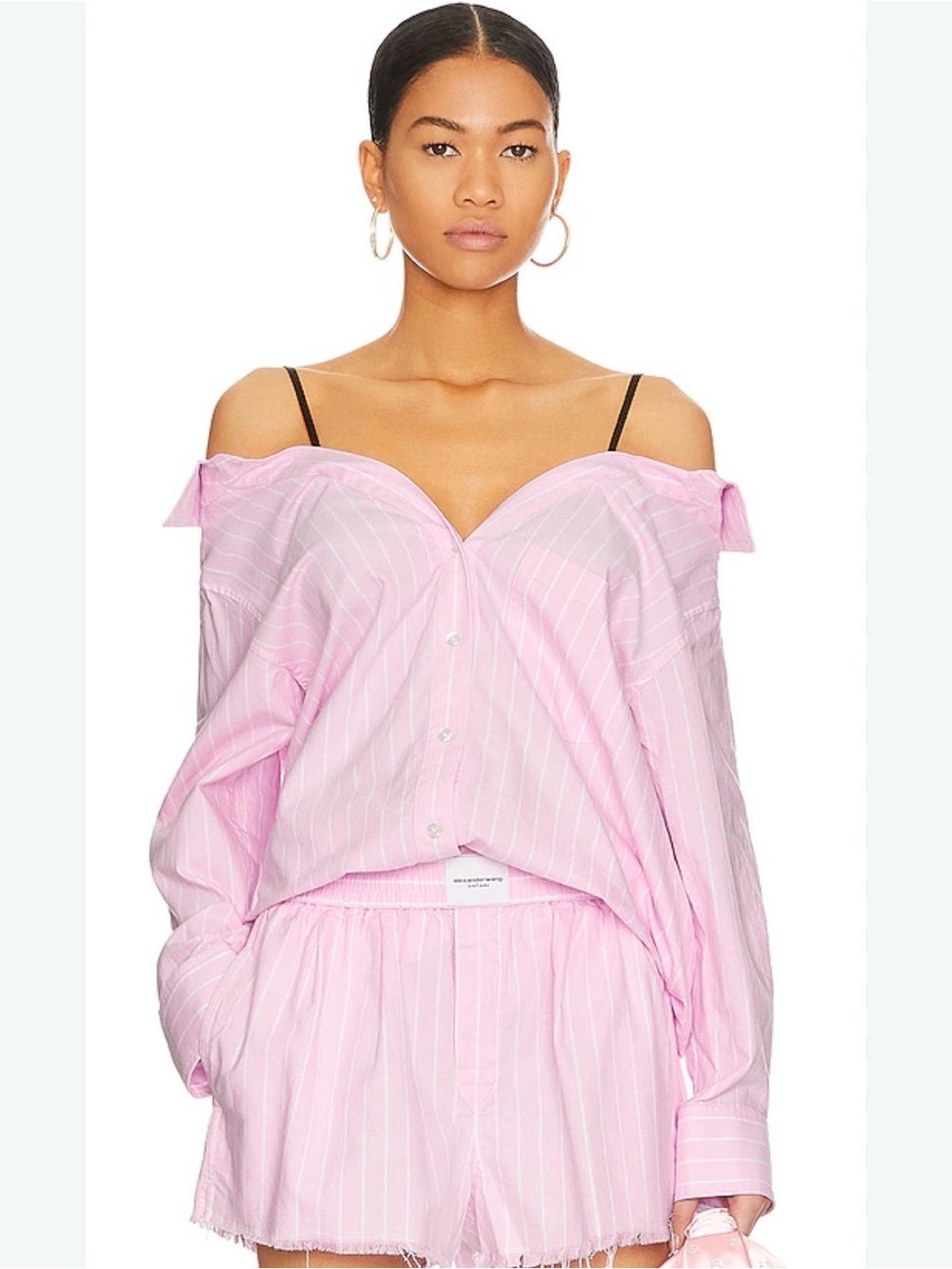 🚫Weared 1 time 🚫Alexander Wang Pink Striped Off-Shoulder Button-Down Top